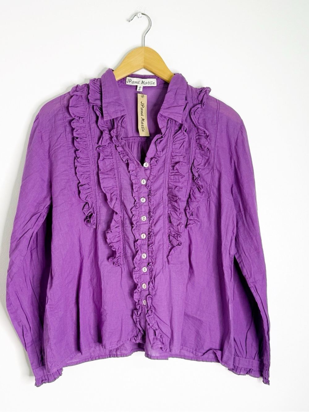 JP & Mattie Ruffle Linen Cotton Blouse Purple Small Sundance NWT